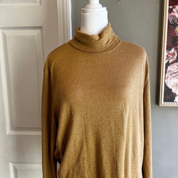 Gold Metallic Turtleneck Long Sleeve Top Sparkle Shimmer Holiday Party - Picture 5 of 8
